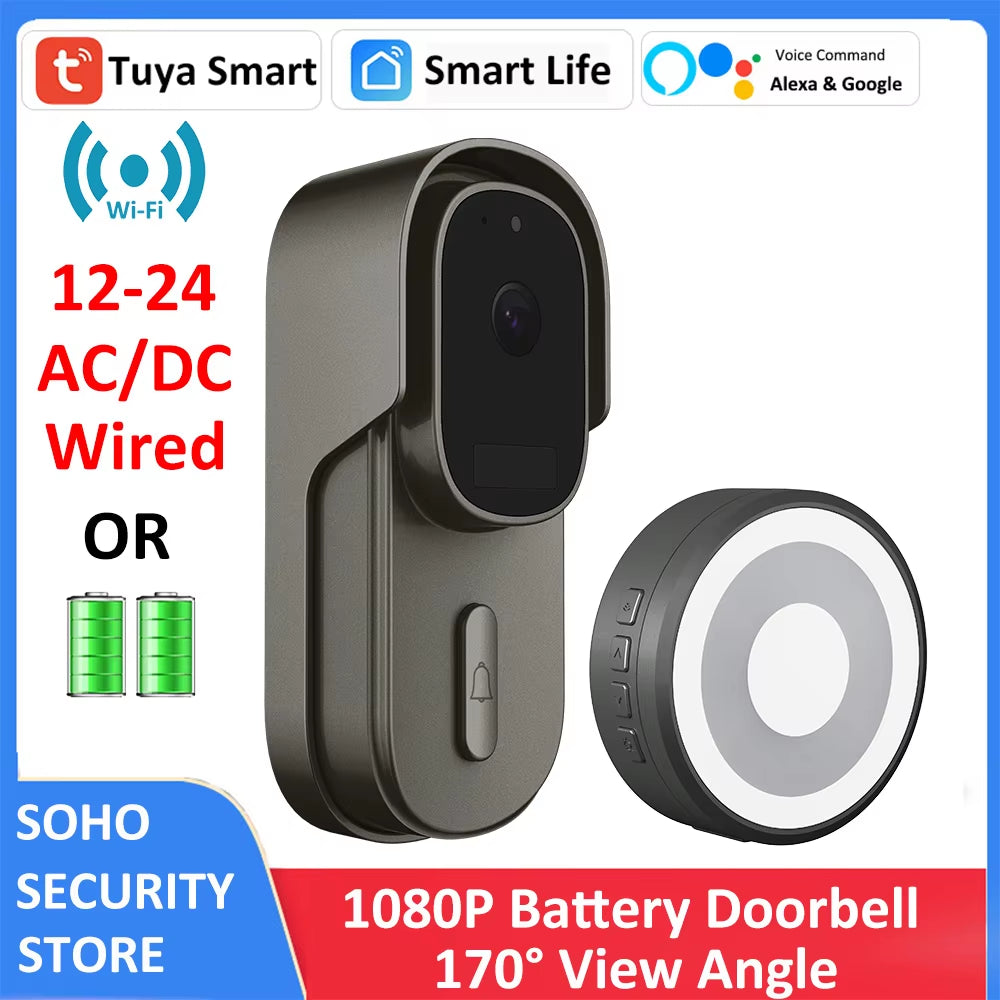 Tuya Video Doorbell Camera 1080P 170° 12-24V AC/DC Wired & Smart Battery Two-Way Audio Works with Alexa Google